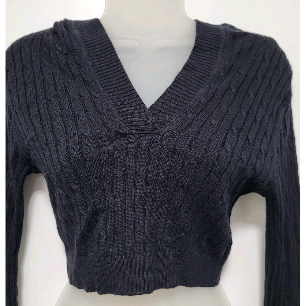 Y2K Wet Seal Black Lightweight Hooded Fitted Crop Sweater Sz M - Picture 2 of 6